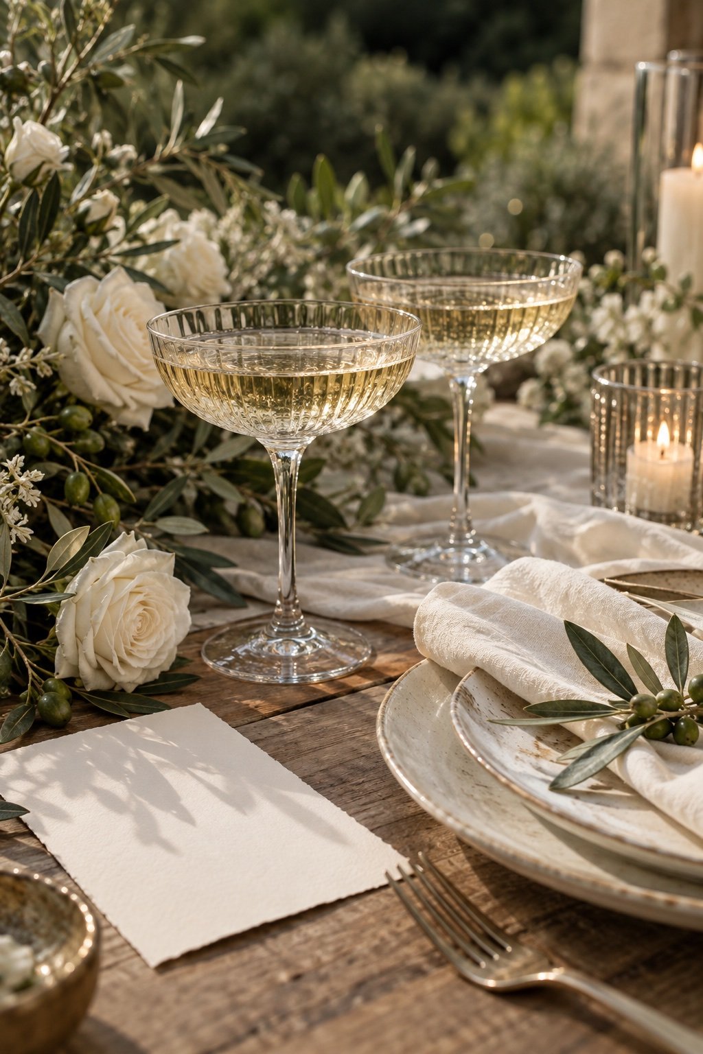 Champagneglazen, witte bloemen en linnen op een bruiloftstafel